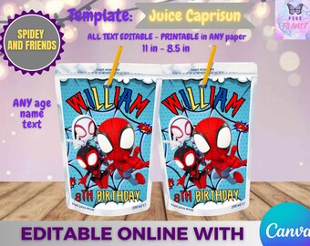 Spidey and Friends Birthday - Juice Caprisun template, Edit Yourself in CANVA. Party Kit. Online