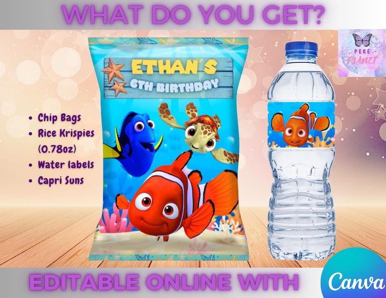 Nemo Birthday Pack- 4 Labels - Digital Download. Editable in CANVA. - Etsy