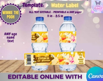 Winnie the Pooh Birthday - Water Labels Template, EDIT Yourself in CANVA.