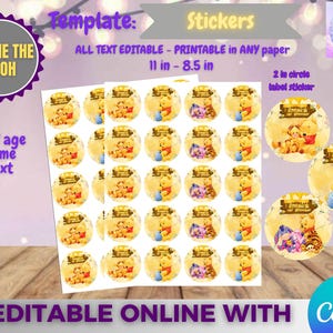 Puede incluir: Hoja de pegatinas de Winnie the Pooh con imágenes de los personajes. Las pegatinas redondas, con fondo amarillo, presentan a Winnie the Pooh, Tigger, Piglet y Eeyore. La hoja mide 27,9 cm por 21,6 cm.