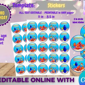 May include: Sheets of Nemo-themed stickers with a blue ocean background and Nemo, Dory, and other characters. The stickers are round and feature the text "ETHAN'S 4TH BIRTHDAY." The template is editable and printable on any paper, measuring 11 x 8.5 inches.