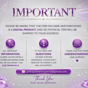 Peut inclure: An announcement for a digital product, in purple and white. The text reads "IMPORTANT" at the top, followed by information about digital delivery and contact details. The image includes icons and the phrase "Thank You for Your Support."