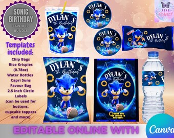 Sonic Birthday Pack- 6 Labels - Digital Download. Editable in CANVA.