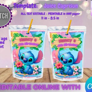 Pode incluir: Duas embalagens de sumo com o personagem Stitch. Cada embalagem tem uma palhinha e o texto "Nancy's 4th Birthday". O texto "Template: Juice Caprisun" está no topo. O texto "EDITABLE ONLINE WITH Canva" está na parte inferior. Medidas: 28 cm x 21.6 cm.