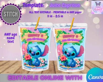 Stitch Birthday Juice Caprisun template, Edit Yourself in CANVA. Party Kit. Online template