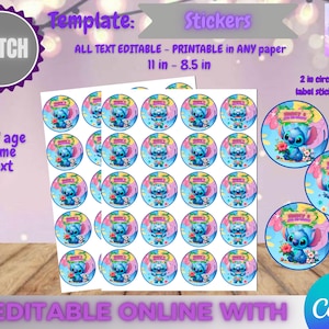 Puede incluir: Hoja de pegatinas redondas con un personaje de dibujos animados azul y el texto "Happy Birthday". Las pegatinas tienen un fondo floral. El texto "Template: Stickers" está en la parte superior, y las pegatinas miden 27,9 cm por 21,6 cm. Editable en línea con Canva.