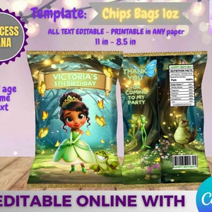May include: A custom chip bag template featuring Princess Tiana. The design includes a cartoon illustration of Princess Tiana in a green dress, butterflies, and the text "VICTORIA'S 5TH BIRTHDAY". The bag is 11 inches by 8.5 inches.
