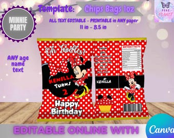 Vorlage für eine Chipstüte zum Geburtstag von Minnie Mouse. Bearbeiten Sie sie selbst in CANVA. Party-Set. Online-Vorlage