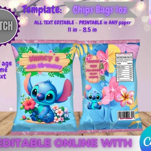 Modèle de sac de chips d'anniversaire Stitch, modifiez-le vous-même dans CANVA. Kit de fête. Modèle en ligne