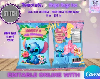 Stitch Birthday chips bag template, Edit Yourself in CANVA. Party Kit. Online template