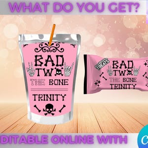 Peut inclure: Une pochette rose et une barre de bonbons rose avec du texte noir qui dit "BAD TW THE BONE TRINITY". La pochette a une paille. La barre de bonbons est &eacute;tiquet&eacute;e "Rice Krispies Treats". L'image comprend le texte "WHAT DO YOU GET?" et "EDITABLE ONLINE WITH Canva".