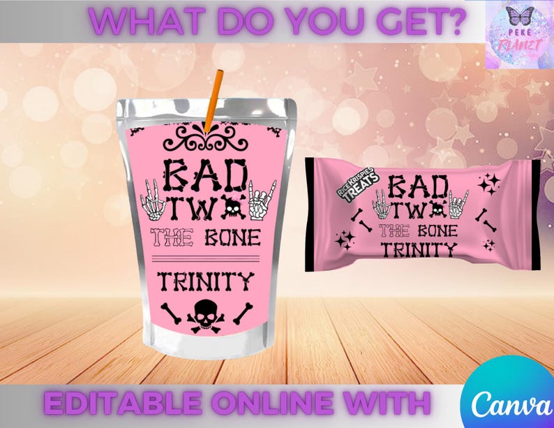 Peut inclure: Une pochette rose et une barre de bonbons rose avec du texte noir qui dit "BAD TW THE BONE TRINITY". La pochette a une paille. La barre de bonbons est &eacute;tiquet&eacute;e "Rice Krispies Treats". L'image comprend le texte "WHAT DO YOU GET?" et "EDITABLE ONLINE WITH Canva".