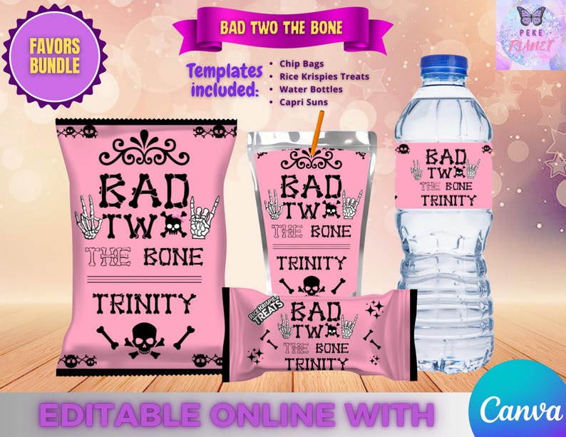 Peut inclure: Un ensemble de cadeaux rose sur le th&egrave;me du rock and roll, comprenant des sacs de chips, des Rice Krispies Treats, des bouteilles d'eau et des Capri Suns. Le texte "BAD TWO THE BONE TRINITY" est affich&eacute; avec des graphiques de cr&acirc;nes et d'os crois&eacute;s et de mains de squelette. Les mots "FAVORS BUNDLE" et "EDITABLE ONLINE WITH Canva" sont &eacute;galement visibles.