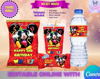 Pack d'anniversaire Mickey - 4 étiquettes - Téléchargement numérique. Modifiable sur CANVA.