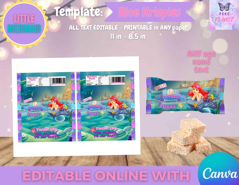 Little Mermaid Birthday - Rice Krispies Template, EDIT Yourself in CANVA. image 1