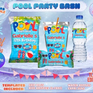 Puede incluir: Paquete de recuerdos para fiestas en la piscina con plantillas editables. Incluye bolsas de patatas fritas, Rice Krispies, botellas de agua y Capri Suns. El diseño presenta un fondo azul con gráficos temáticos de piscina, gafas de sol y un balón de playa. El texto dice "Pool Party Bash" y "12 cumpleaños de Gabrielle."