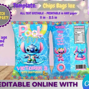 Puede incluir: Plantilla de bolsa de patatas fritas azul con el tema Stitch Pool Party. El diseño incluye personajes de Stitch, el texto "Pool Party" y "8º cumpleaños de Victoria". La bolsa mide 28 cm por 22 cm.