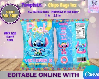 Stitch Pool Party chips bag template, Edit Yourself in CANVA. Party Kit. Online template