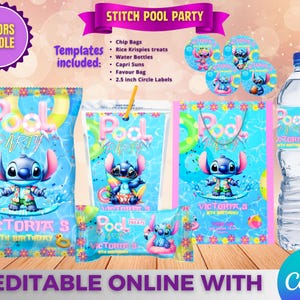 Stitch Pool Party Pack – 6 Etiketten – Digitaler Download. Bearbeitbar in CANVA.
