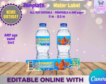 Nemo Birthday - Water label template, Edit Yourself in CANVA. Party Kit. Online template