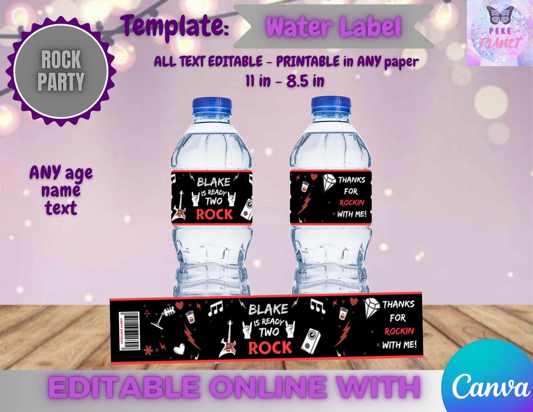 Rocker Birthday - Water Labels Template, EDIT Yourself in CANVA. - Etsy