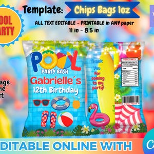 Poolparty-Geburtstag – Chipstüten-Vorlage, selbst in CANVA bearbeiten. Party-Set. Online-Vorlage