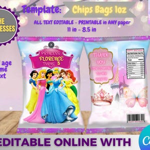 Prinzessinnengeburtstag - Chipstüten-Vorlage, Selbstbearbeiten in CANVA. Party-Set. Online-Vorlage