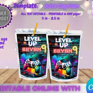 Gamer Birthday - Juice Caprisun template, Edit Yourself in CANVA. Party Kit. Online