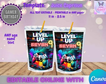 Gamer Birthday - Juice Caprisun template, Edit Yourself in CANVA. Party Kit. Online