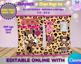 Minnie Maus Tierdruck Geburtstag Chips Tasche Vorlage, Bearbeiten Sie sich in CANVA. Party-Kit. Online-Vorlage