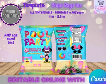 Vorlage für Chipstüten „Minnie Mouse Pool Party“. Bearbeiten Sie sie selbst in CANVA. Party-Set. Online-Vorlage
