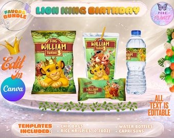 Pack anniversaire Le Roi Lion - 4 étiquettes - Téléchargement numérique. Modifiable sur CANVA.
