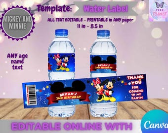 Mickey and Minnie Mouse Birthday - Water Labels Template, EDIT Yourself in CANVA.