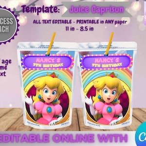 Princess Peach Birthday Juice Caprisun template, Edit Yourself in CANVA. Party Kit. Online template