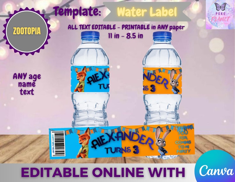 Puede incluir: Dos botellas de agua con etiquetas personalizadas con el tema de Zootopia. Las etiquetas presentan el texto "ALEX TURNS 3" y "ALEXANDER TURNS 3" con personajes de dibujos animados. Las etiquetas son azules y naranjas. La imagen tambi&eacute;n incluye el texto "EDITABLE ONLINE WITH Canva".