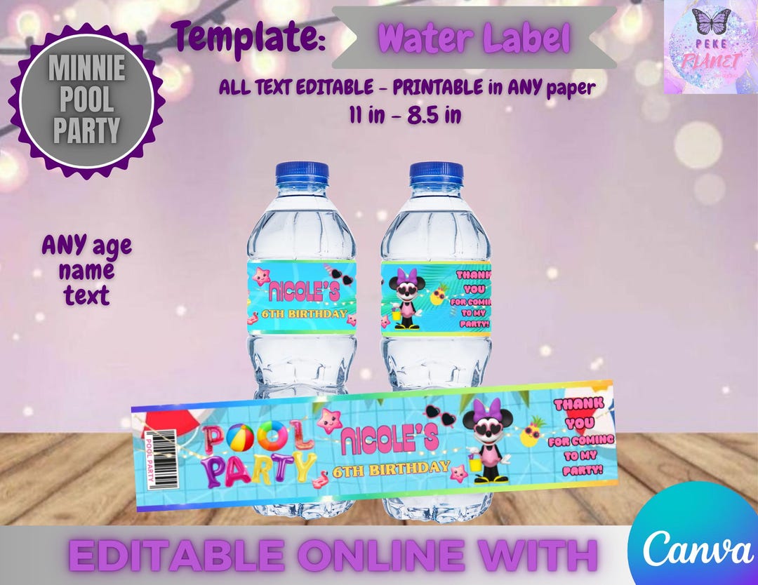 Water Pool Label Minnie Mouse Pool Party Birthday - Water Labels Template, EDIT Yourself ...