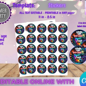 Op de afbeelding: Een vel stickers met een gamer-thema. De ronde stickers tonen de tekst "Level Up Bryan 9" en een kleurrijke controller-afbeelding. Het vel meet 27,94 cm bij 21,59 cm. De woorden "Gamer Party" zijn ook zichtbaar.