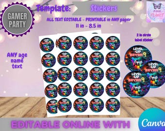 Gamer Birthday - Stickers 2in Template, EDIT Yourself in CANVA.