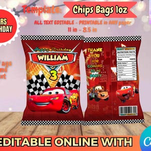 May include: Cars-themed chip bag template in red, featuring the text "Happy Birthday William 3". The design includes Lightning McQueen and chequered flags. The bag measures 28 cm by 21.6 cm.