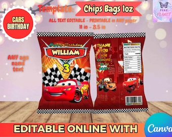 Cars Birthday - chips bag template, Edit Yourself in CANVA. Party Kit. Online template