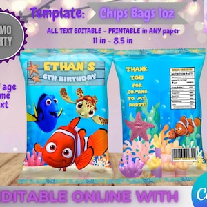 Puede incluir: Plantilla de bolsa de patatas fritas con temática de Nemo personalizable. El diseño presenta a Nemo, Dory y otros personajes de la película, con el texto "Ethan's 6th Birthday". La bolsa mide 28 cm por 22 cm y es editable en línea.