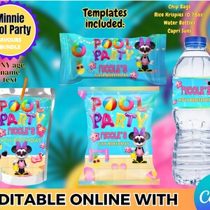 Minnie Pool Party Geburtstagsthema – 4 Etiketten – Digitaler Download. In CANVA bearbeitbar.