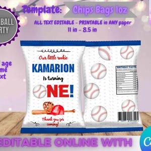 Puede incluir: Plantilla de bolsa de patatas fritas con temática de béisbol en blanco y azul. El diseño incluye pelotas de béisbol, un bate, un guante y una gorra roja. El texto incluye "BASEBALL PARTY", "¡KAMARION cumple UN AÑO!" y "¡Gracias por venir!" La bolsa mide 27,9 cm x 21,6 cm.