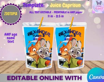 Zootopia Birthday Juice Caprisun template, Edit Yourself in CANVA. Party Kit. Online template