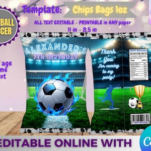 Football Soccer Birthday - chips bag template, Edit Yourself in CANVA. Party Kit. Online template