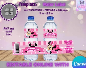 Minnie Mouse Birthday - Water Labels Template, EDIT Yourself in CANVA.