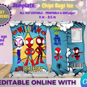 Spidey and Friends Birthday - chips bag template, Edit Yourself in CANVA. Party Kit. Online template