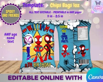 Spidey and Friends Birthday - chips bag template, Edit Yourself in CANVA. Party Kit. Online template