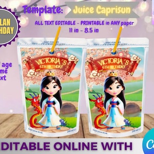 Mulan Birthday Juice Caprisun template, Edit Yourself in CANVA. Party Kit. Online template