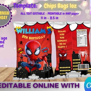 Op de afbeelding: Rode en zwarte Spiderman-thema chipzak sjabloon. De voorkant toont Spiderman, de naam "WILLIAM" en "2TH BIRTHDAY". De achterkant zegt "THANK YOU FOR COMING TO MI PARTY!". De zak is 27,94 x 21,59 cm en online bewerkbaar.